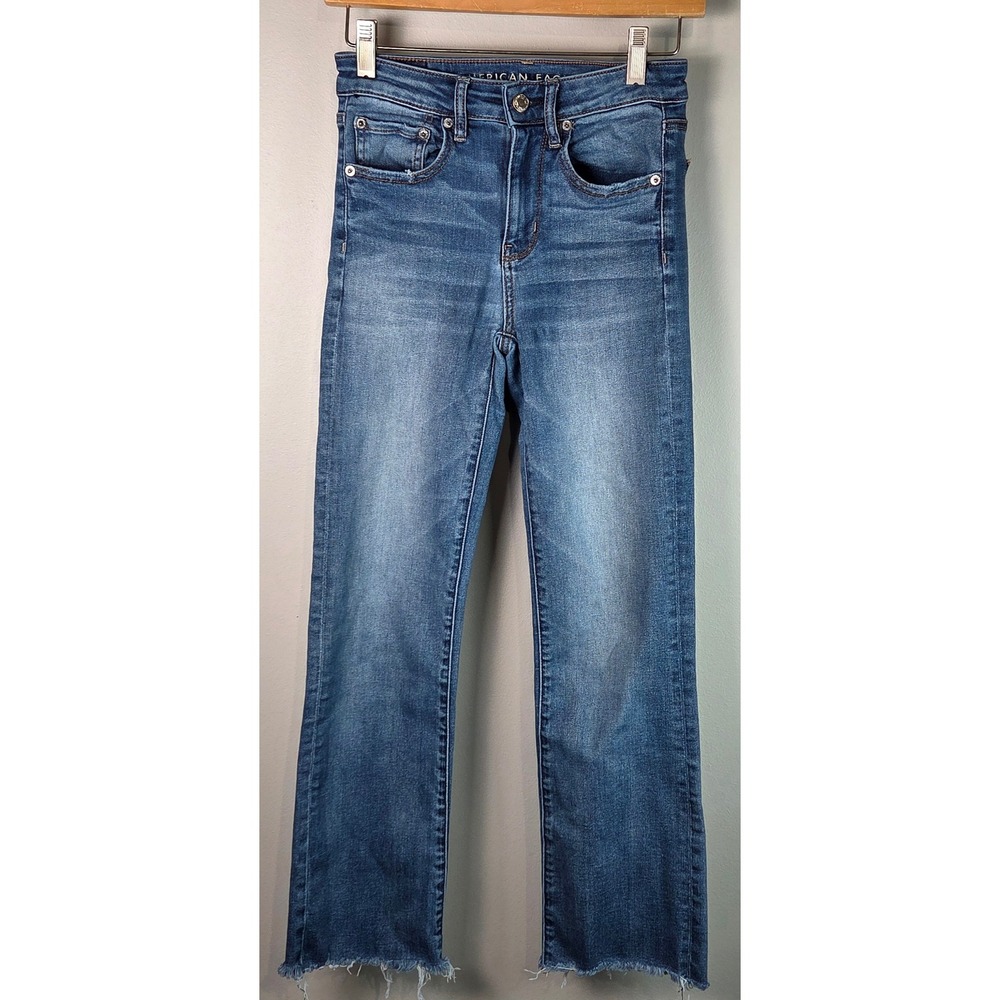 American Eagle Hi-Rise Crop Flare Women 2 regular Blue Raw Hem Stretch Jeans